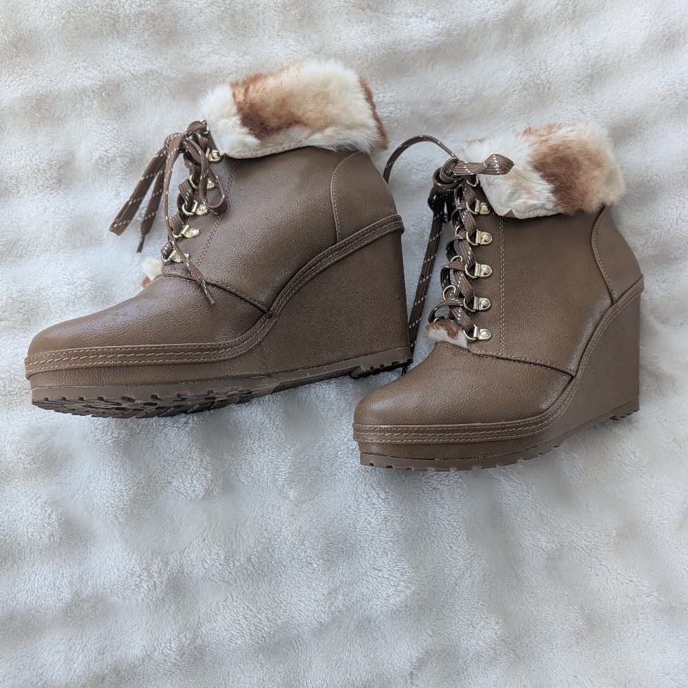 Nanette Lepore Brown Faux Fur Wedge Boots